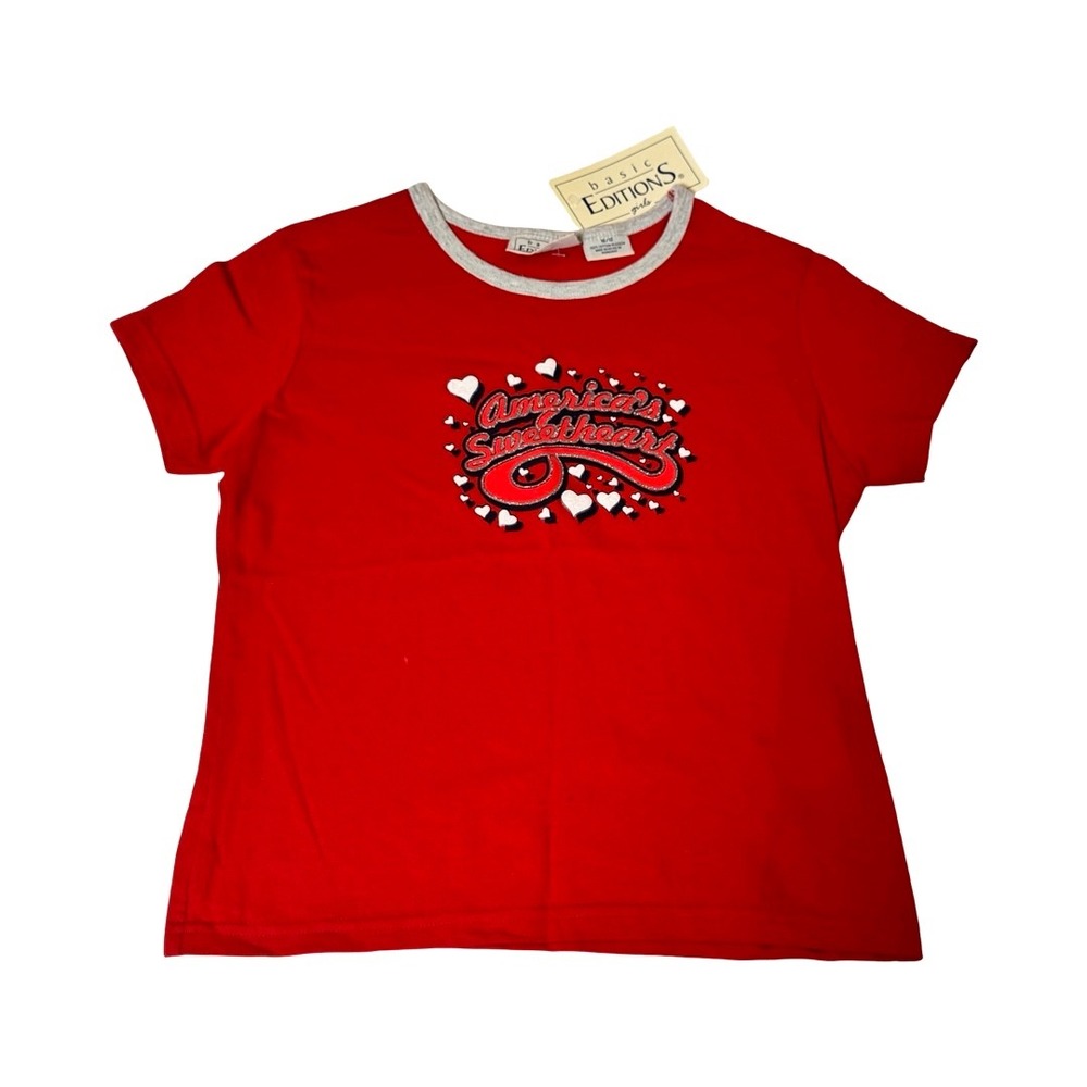 Basic Editions Girls Red Americas Sweetheart Ringer‎ T-Shirt NWT Size 10/12